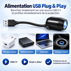 Projecteur Astra à alimentation USB 5 V, à brancher sur un chargeur secteur, une batterie externe ou un ordinateur