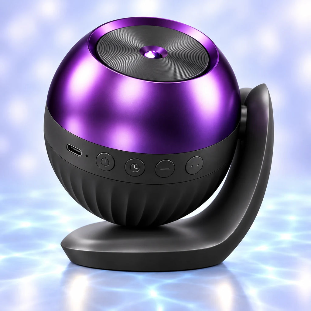 Veilleuse projecteur planétarium Cosmo noire, dôme violet et socle noir inclinable avec boutons de commande, fond bleuté apaisant