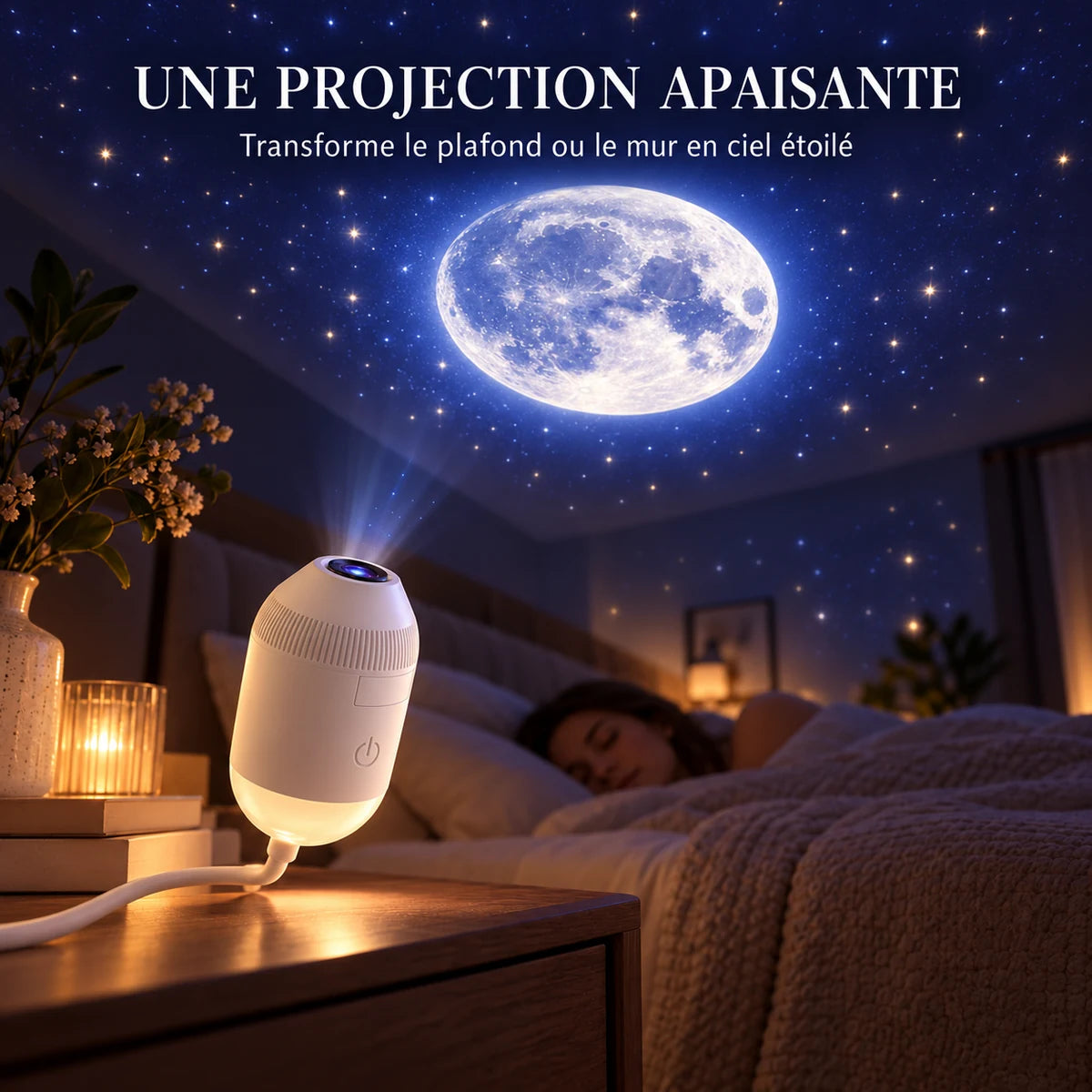 Projecteur Cygnus projetant une Lune et un ciel étoilé au plafond d'une chambre