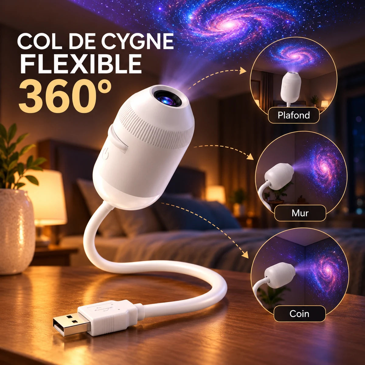 Col de cygne flexible du projecteur Cygnus orientable vers le plafond, un mur ou un coin