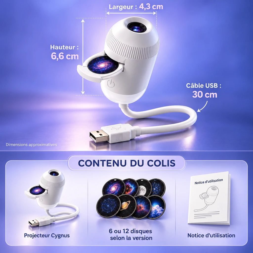 Dimensions du projecteur Cygnus et contenu du colis : projecteur, disques et notice
