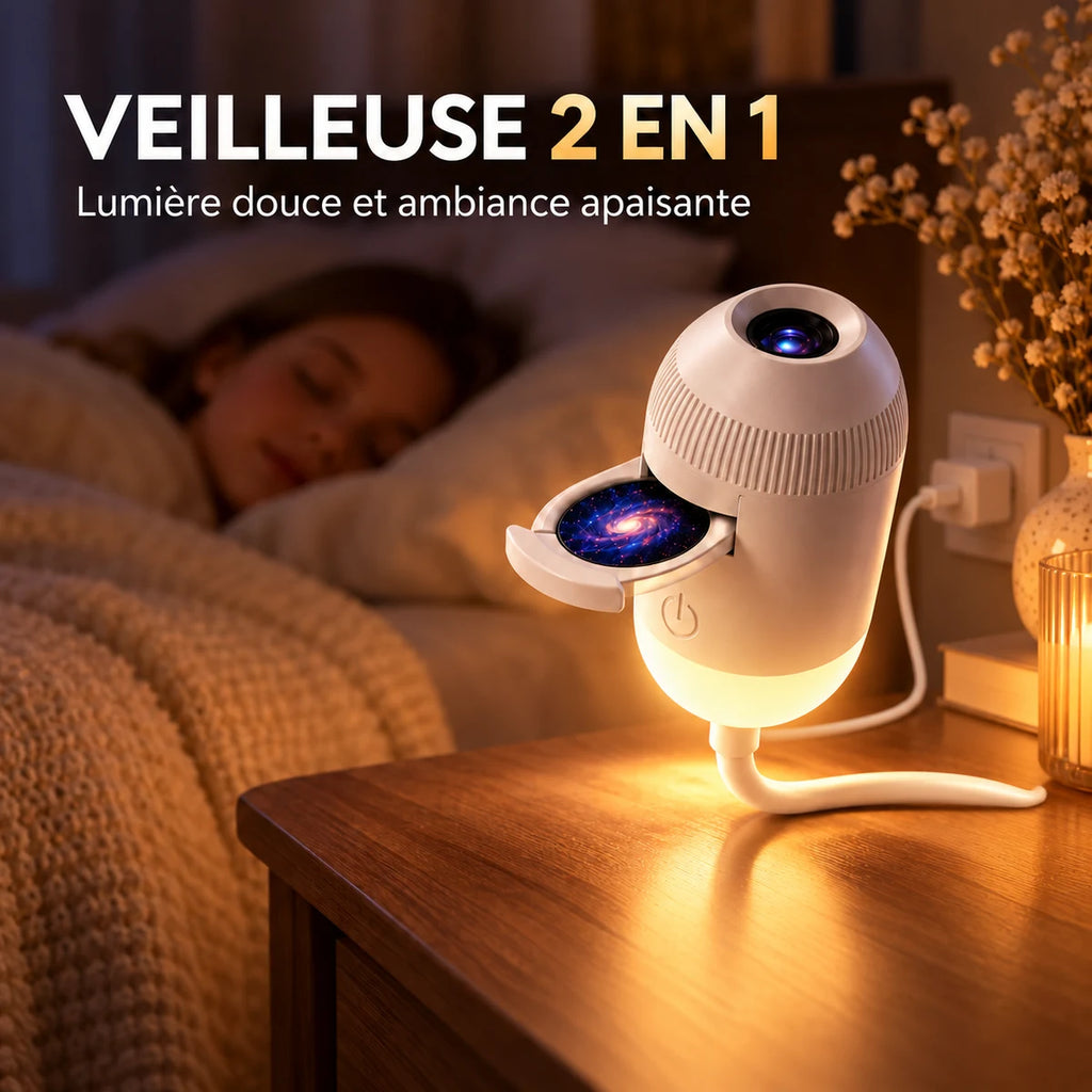 Projecteur Cygnus en mode veilleuse à lumière douce sur une table de chevet