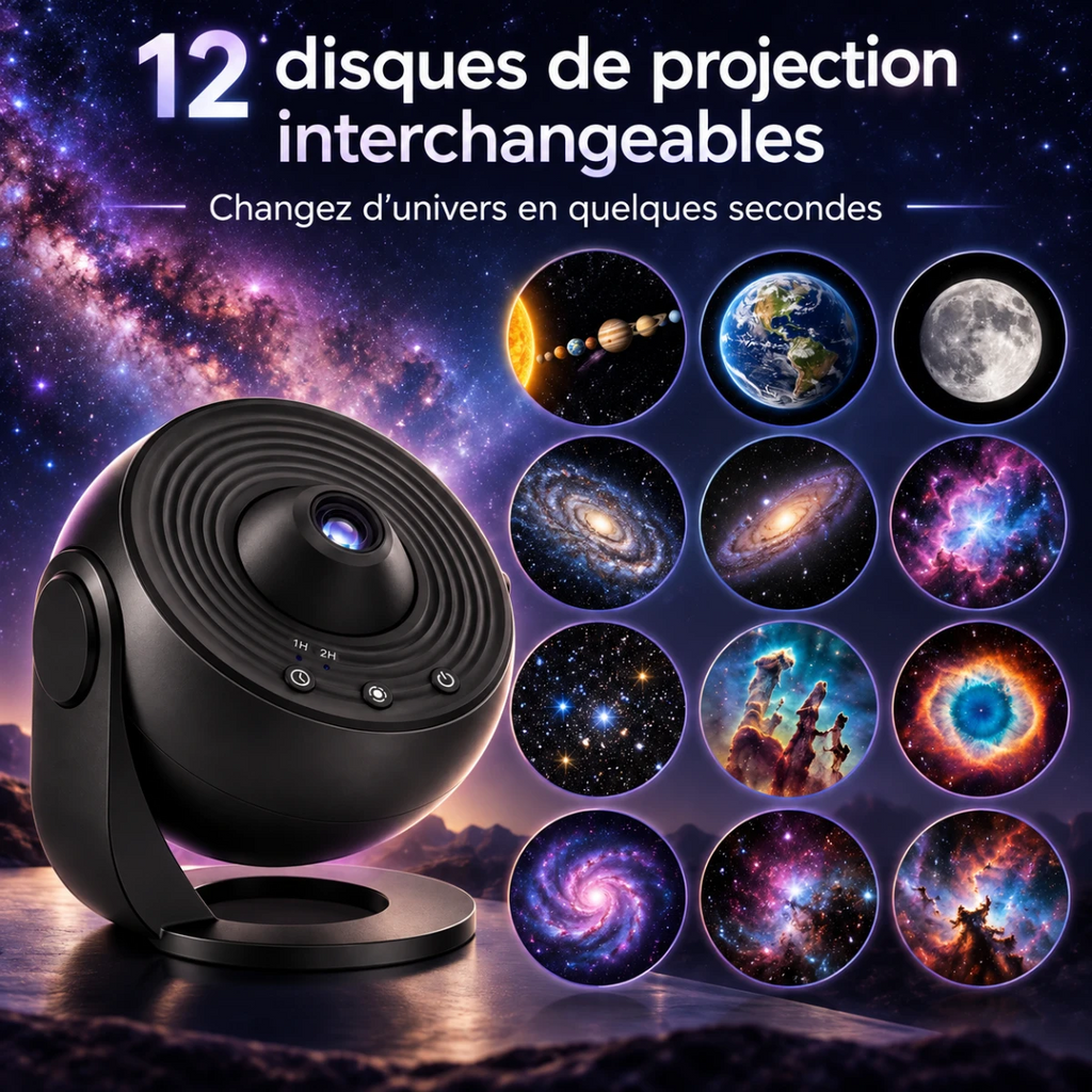 Les 12 disques de projection Galaxia : système solaire, Terre, Lune, galaxies et nébuleuses