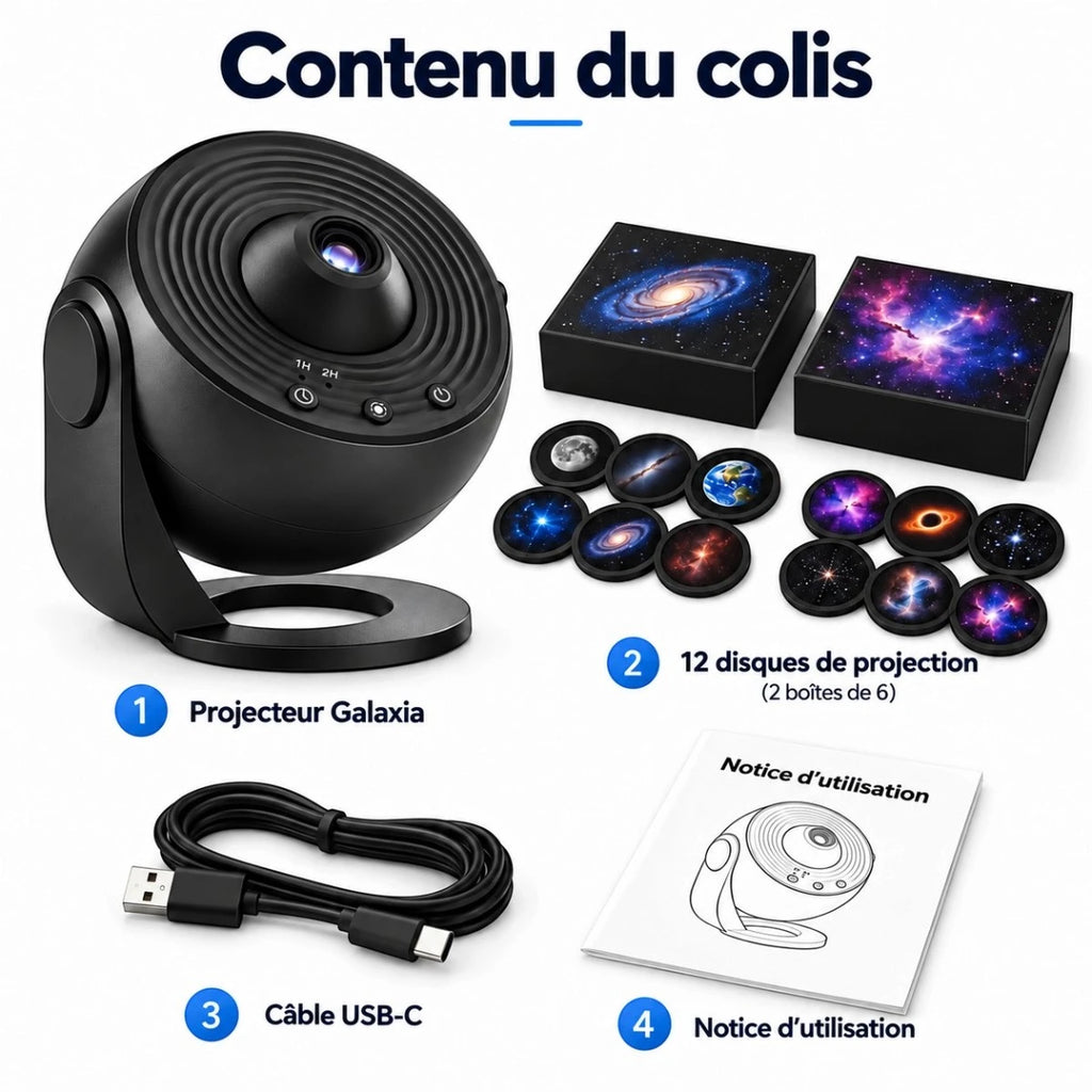 Contenu du colis Galaxia : projecteur, 12 disques de projection, câble USB-C et notice
