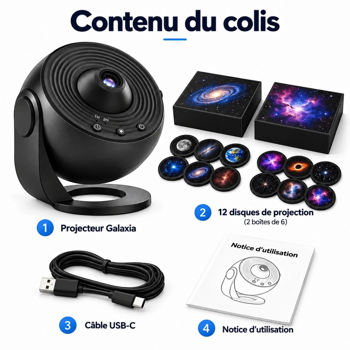 Contenu du colis Galaxia : projecteur, 12 disques de projection, câble USB-C et notice