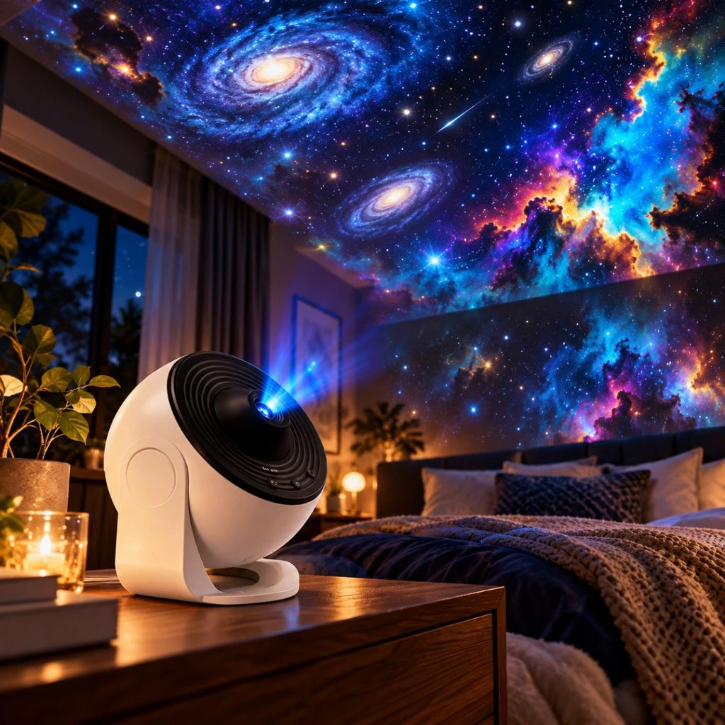 Projecteur Galaxia projetant galaxies et étoiles dans une pièce sombre