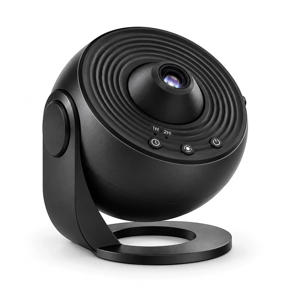 Veilleuse projecteur planétarium Galaxia noire avec support pivotant, sur fond blanc