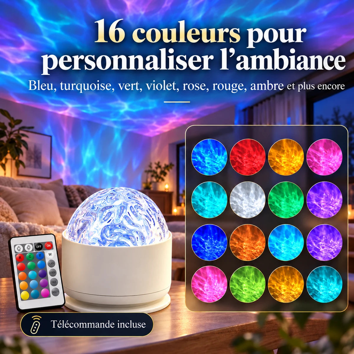 Veilleuse Marina et aperçu de ses 16 couleurs projetées en ondulations d'eau, avec sa télécommande