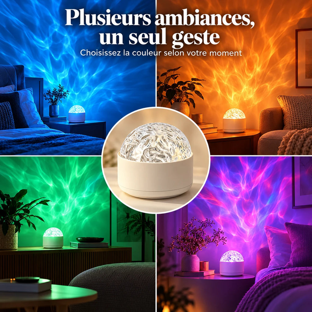 Veilleuse Marina en quatre ambiances : bleu, ambre, vert et violet, dans une chambre et un salon