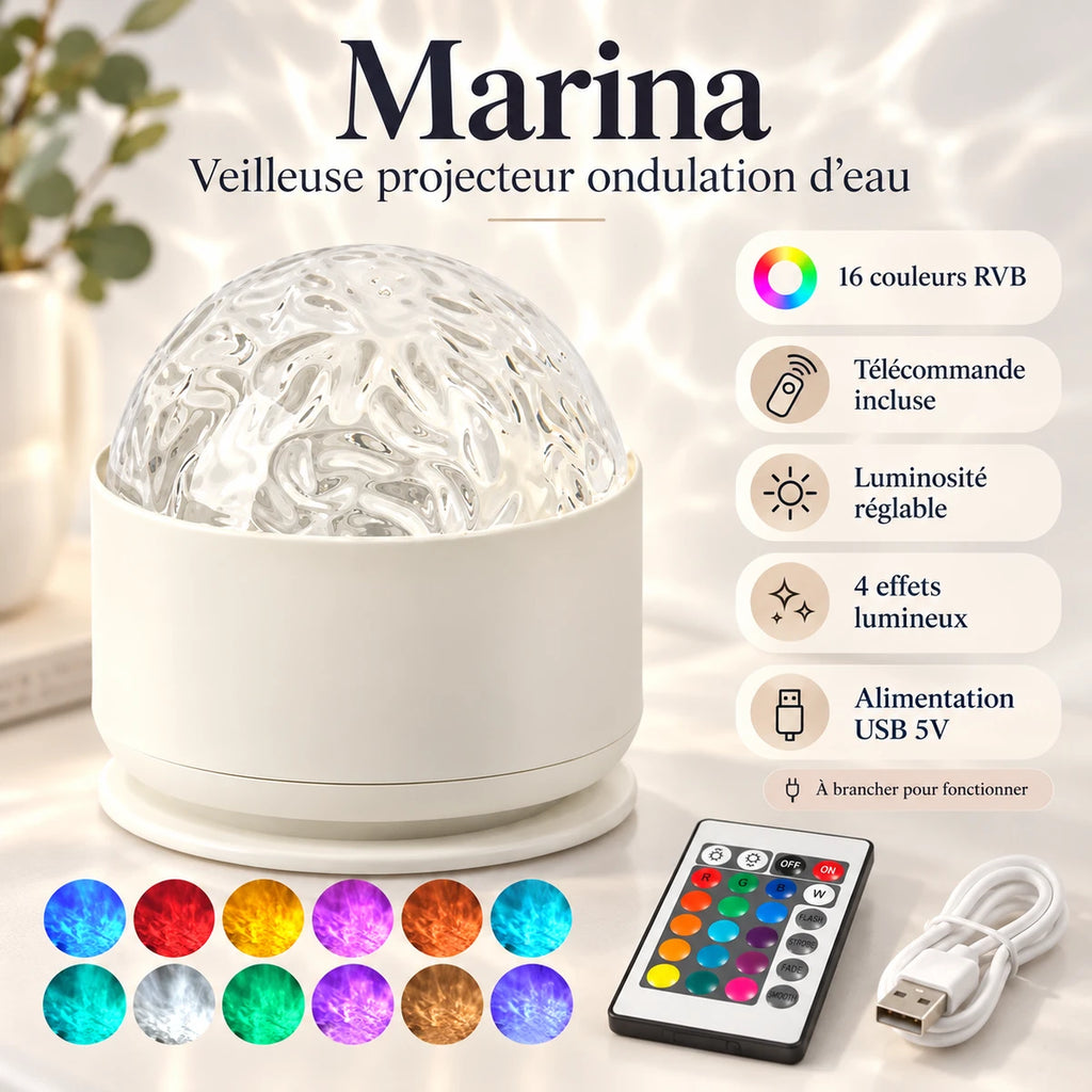 Infographie veilleuse Marina : 16 couleurs RVB, télécommande incluse, luminosité réglable, 4 effets lumineux et alimentation USB 5V