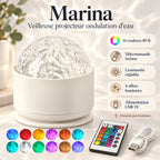 Infographie veilleuse Marina : 16 couleurs RVB, télécommande incluse, luminosité réglable, 4 effets lumineux et alimentation USB 5V