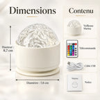 Dimensions et contenu de la veilleuse Marina : 8,7 cm de hauteur, 7,8 cm de diamètre, télécommande, câble USB et notice