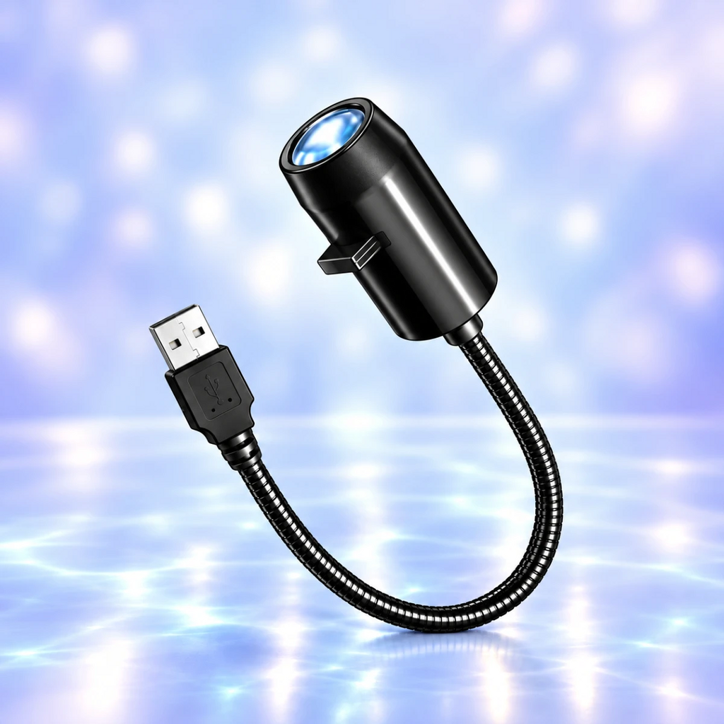 Veilleuse projecteur planètes Astra, tête de projection noire sur bras flexible avec prise USB, fond bleuté apaisant