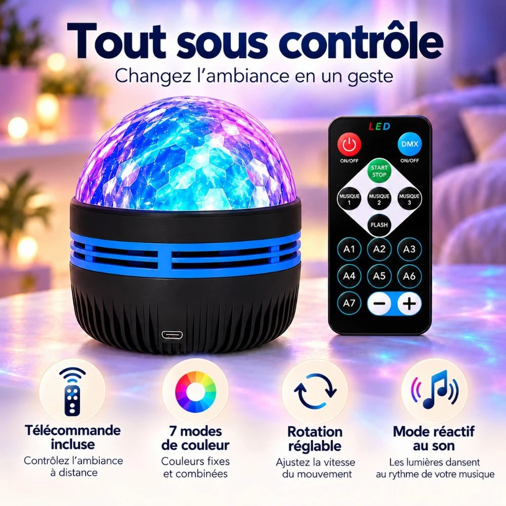 Projecteur Nova avec télécommande, 7 combinaisons de couleurs, rotation réglable et mode sensible au son.