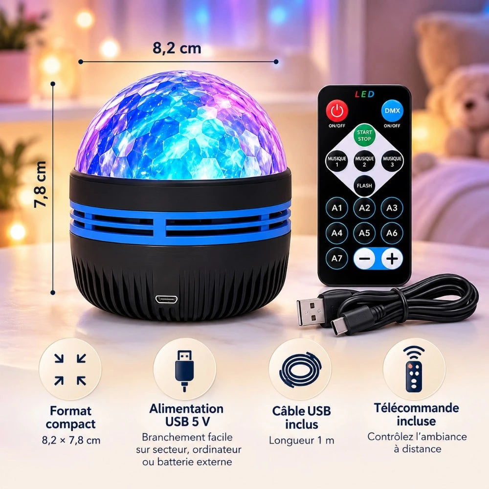 Projecteur Nova avec télécommande et câble USB, dimensions 8,2 x 7,8 cm et alimentation USB 5 V.