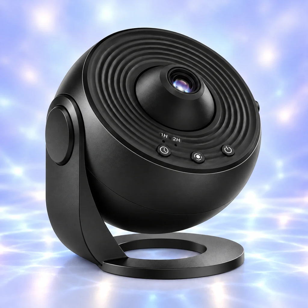 Veilleuse projecteur planétarium Galaxia noire sur support pivotant, lentille de projection et boutons minuterie 1 h ou 2 h, fond bleuté apaisant