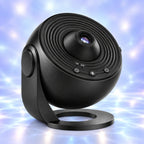 Veilleuse projecteur planétarium Galaxia noire sur support pivotant, lentille de projection et boutons minuterie 1 h ou 2 h, fond bleuté apaisant
