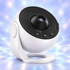 Veilleuse projecteur planétarium Galaxia blanche sur support pivotant, lentille de projection et boutons minuterie 1 h ou 2 h, fond bleuté apaisant