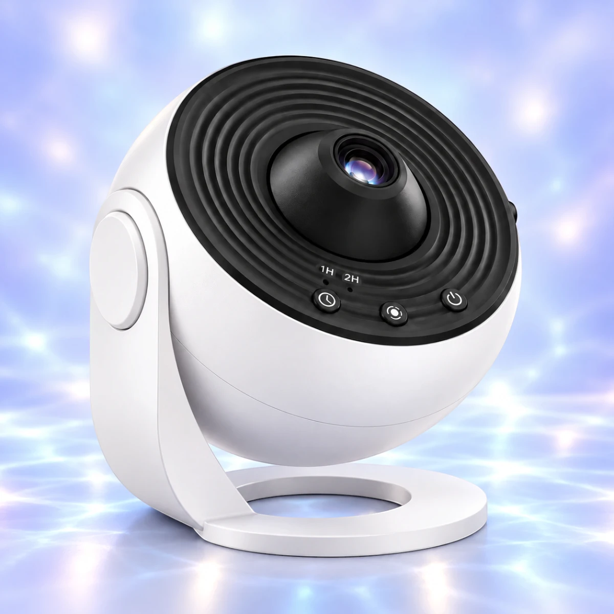 Veilleuse projecteur planétarium Galaxia blanche sur support pivotant, lentille de projection et boutons minuterie 1 h ou 2 h, fond bleuté apaisant