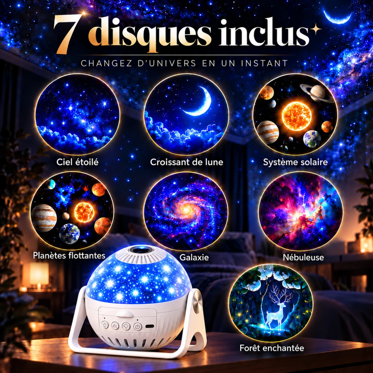 Les 7 disques de projection Stella : ciel étoilé, croissant de lune, système solaire, planètes flottantes, galaxie, nébuleuse et forêt enchantée