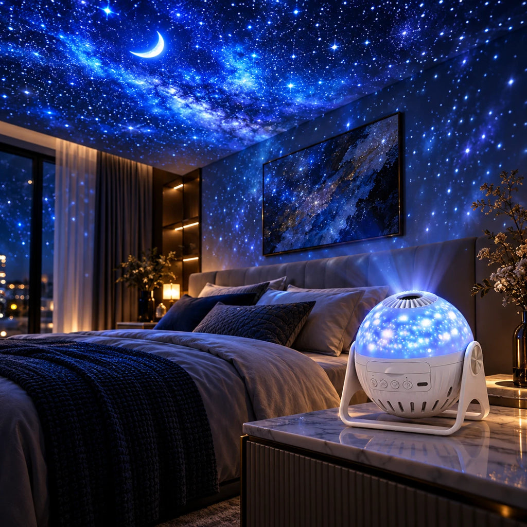 Projecteur Stella sur une table de chevet, projetant un ciel étoilé et un croissant de lune au plafond d'une chambre