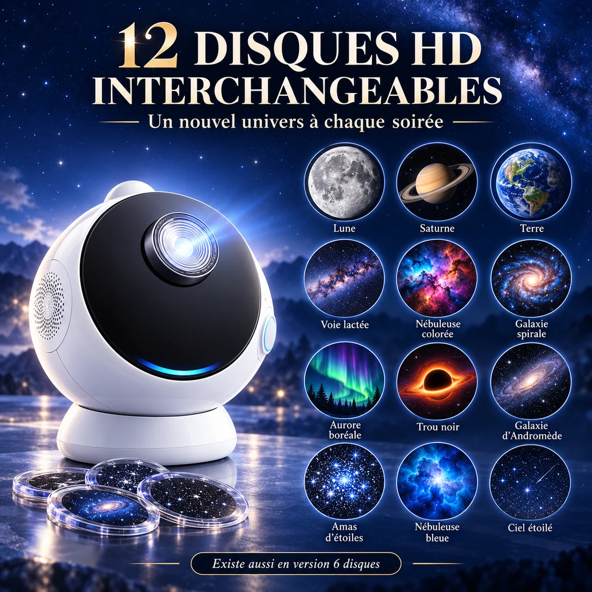 Les 12 disques HD interchangeables du projecteur Ulysse : Lune, Saturne, Terre, Voie lactée, nébuleuses, galaxies et aurore boréale