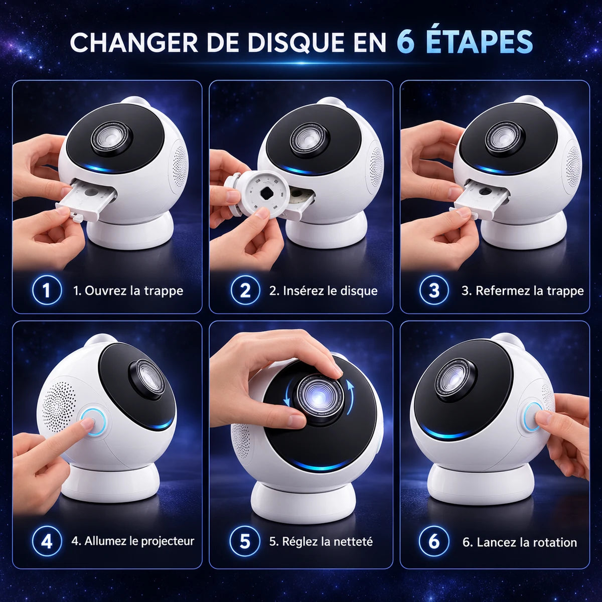 Changer de disque sur le projecteur Ulysse en 6 étapes, de l'ouverture de la trappe au lancement de la rotation