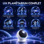 Fonctions du projecteur Ulysse : projection du ciel, 10 sons apaisants, rotation à 360°, objectif HD, son stéréo et Bluetooth 5.0