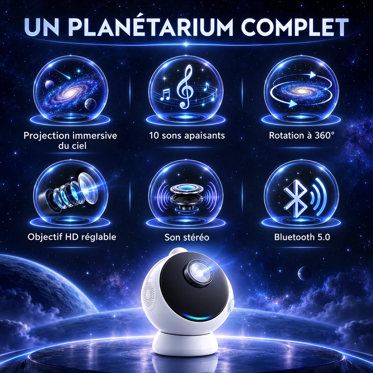 Fonctions du projecteur Ulysse : projection du ciel, 10 sons apaisants, rotation à 360°, objectif HD, son stéréo et Bluetooth 5.0
