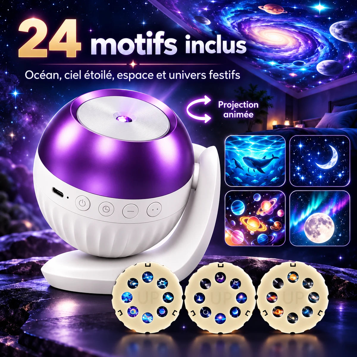 Projecteur Cosmo avec ses 3 disques interchangeables et 24 motifs : océan, ciel étoilé et espace