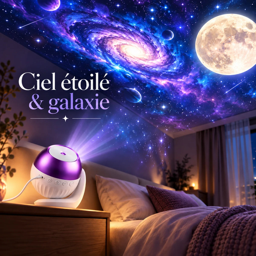 Projection de ciel étoilé, galaxie et lune au plafond d'une chambre par la veilleuse Cosmo