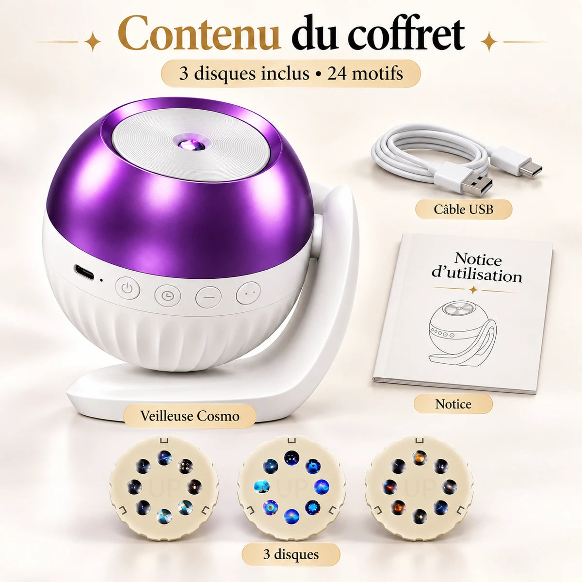 Contenu du coffret Cosmo : projecteur, câble USB, notice et 3 disques de projection