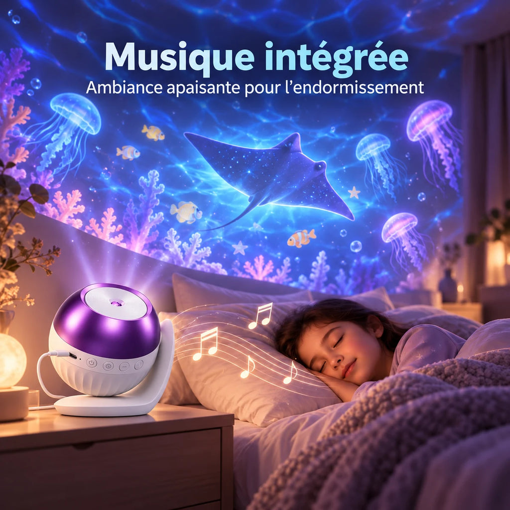 Veilleuse projecteur Cosmo diffusant une musique douce sur une table de chevet pendant l'endormissement