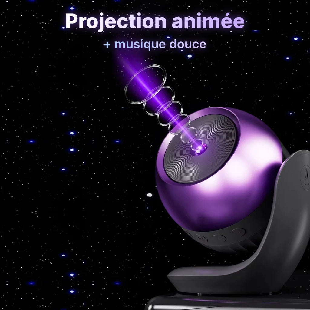 Projecteur Cosmo noir projetant un faisceau violet, projection animée et musique douce