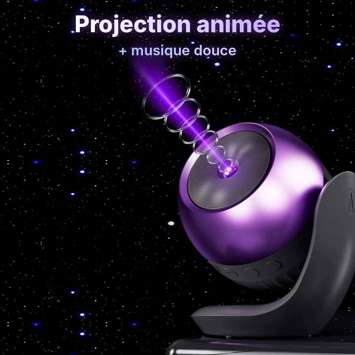 Projecteur Cosmo noir projetant un faisceau violet, projection animée et musique douce