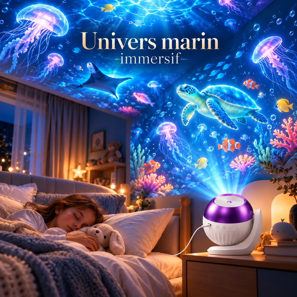 Projection d'univers marin avec méduses, tortue et poissons dans une chambre d'enfant