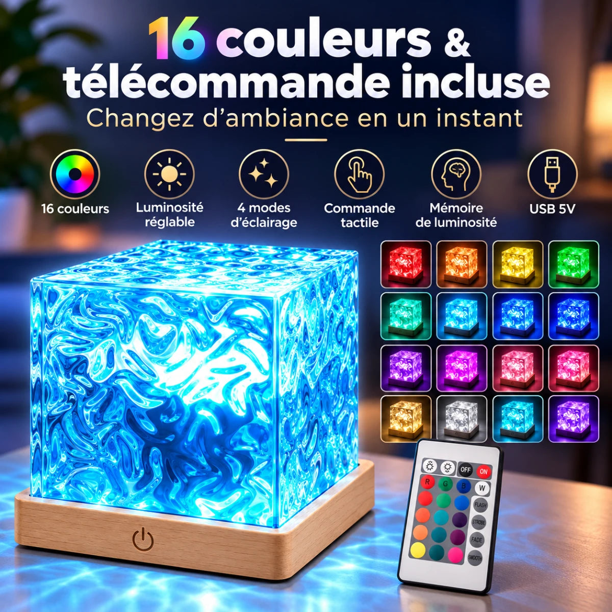 Infographie veilleuse Aqua : 16 couleurs, luminosité réglable, 4 modes d'éclairage, commande tactile, mémoire de luminosité, USB 5V et télécommande incluse