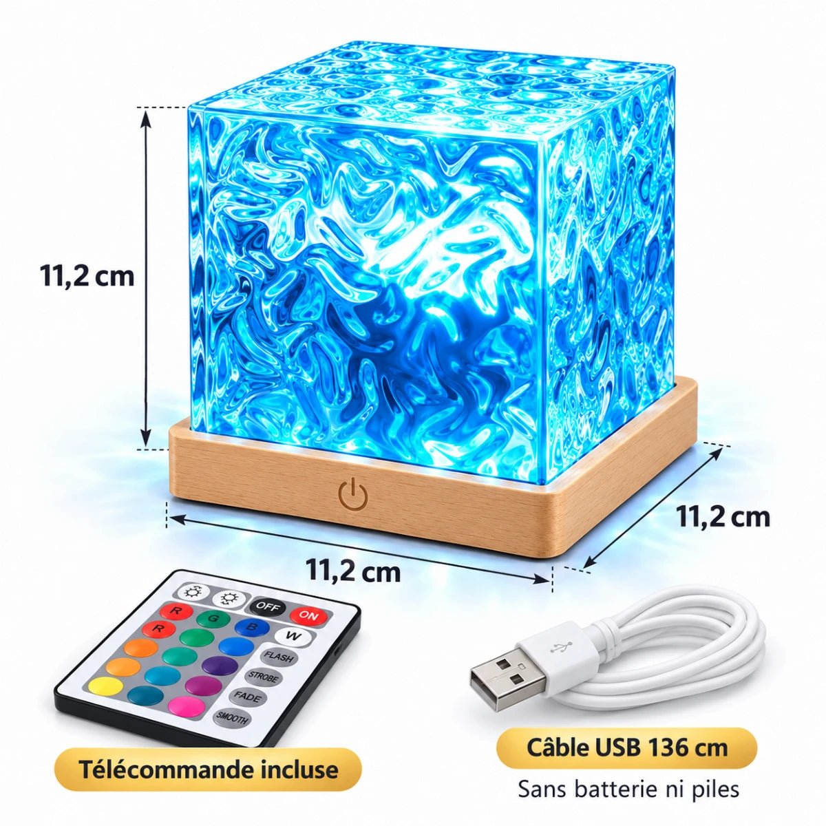 Dimensions et contenu de la veilleuse Aqua : cube de 11,2 cm, télécommande incluse, câble USB 136 cm, sans batterie ni piles