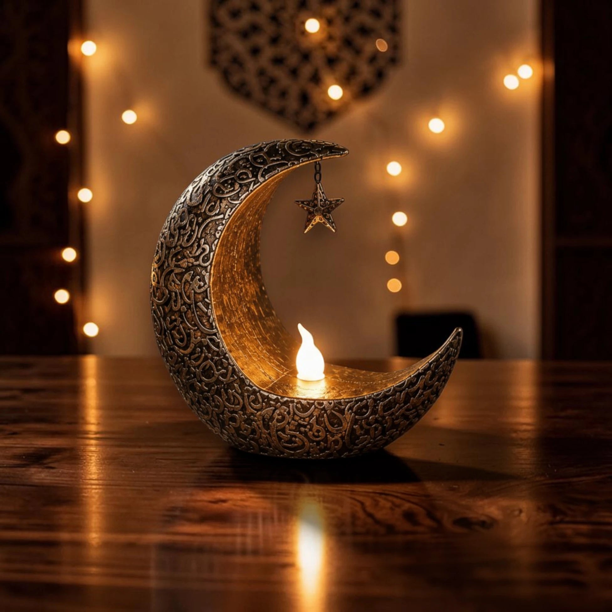 Bougeoir veilleuse LED Baraka bronze avec étoile suspendue, posée sur table en bois, ambiance lumière tamisée