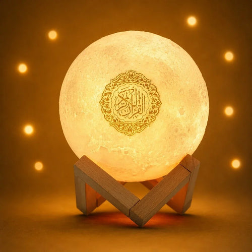 Veilleuse réveil coranique Bluetooth Moon avec Azan, socle bois gravé Allah
