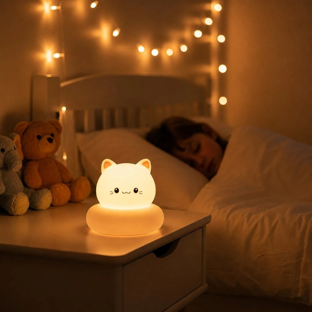 Veilleuse LED chat Mimo posée sur une table de chevet en bois, ambiance chambre d'enfant avec guirlande lumineuse et peluche ourson