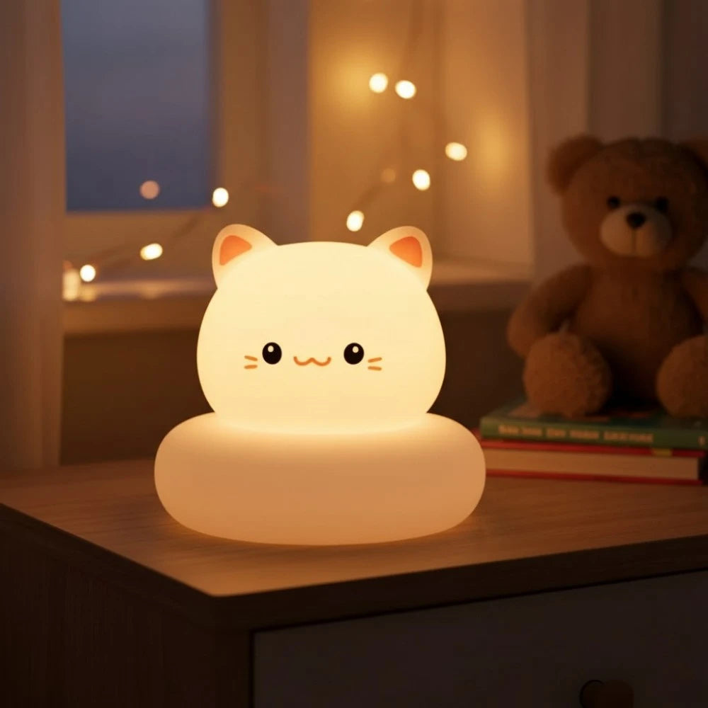 Veilleuse LED chat Mimo allumée sur une commode blanche devant une fenêtre, ambiance tamisée du soir