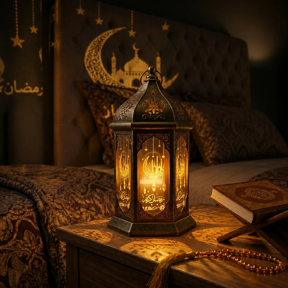 Lanterne LED Fanous posée sur table bois ambiance islamique lumière chaude guirlandes décoratives