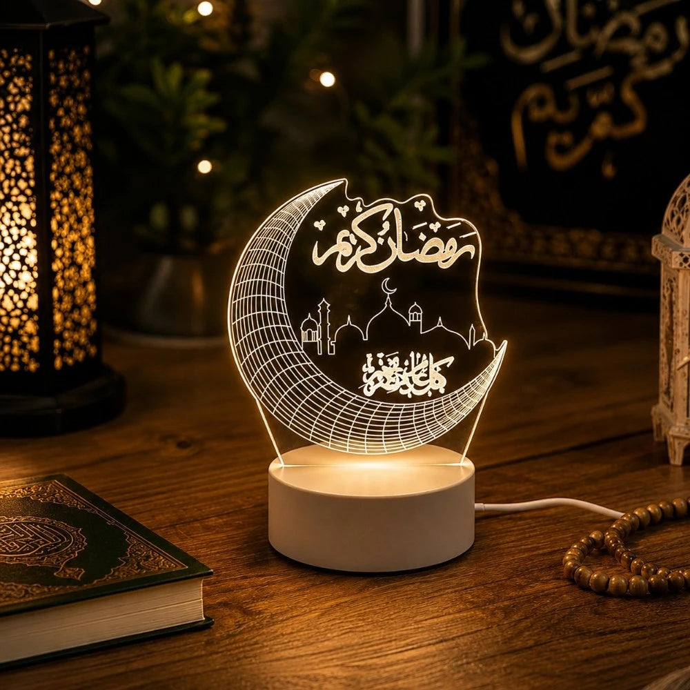 Veilleuse LED 3D Moonila posée sur table décoration islamique ambiance Ramadan