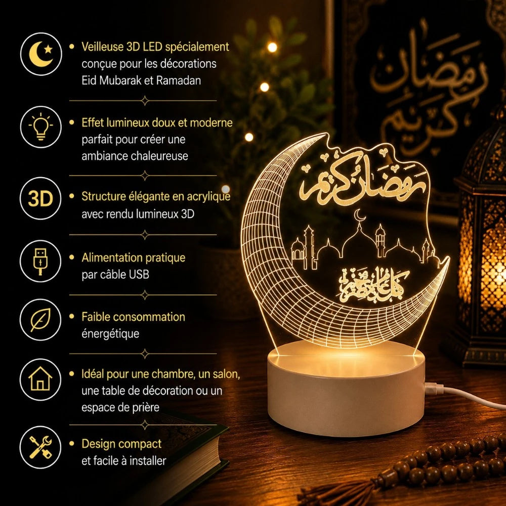 Infographie caractéristiques veilleuse Moonila : LED 3D, USB 5V, acrylique, décoration Ramadan islamique