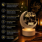 Infographie caractéristiques veilleuse Moonila : LED 3D, USB 5V, acrylique, décoration Ramadan islamique