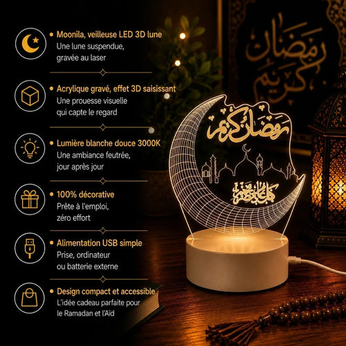 Infographie veilleuse Moonila : lune 3D en acrylique gravé, lumière douce, alimentation USB et format compact