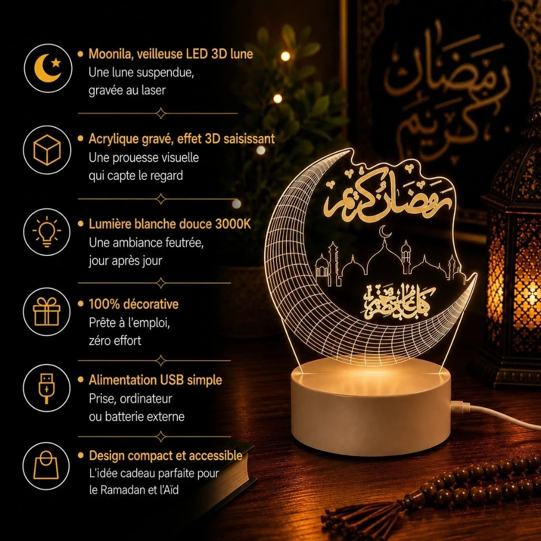 Infographie caractéristiques veilleuse Moonila : lune 3D gravée au laser, acrylique effet 3D, lumière blanche douce 3000K, 100% décorative, alimentation USB, design compact