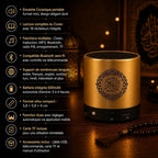 Infographie caractéristiques veilleuse Noura : Bluetooth, Azan, Coran intégral, LED multicolore, 18 récitateurs