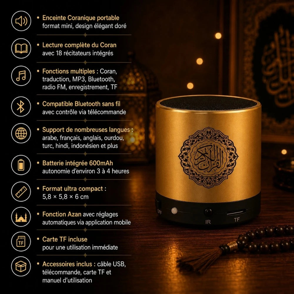 Infographie caractéristiques veilleuse Noura : Bluetooth, Azan, Coran intégral, LED multicolore, 18 récitateurs